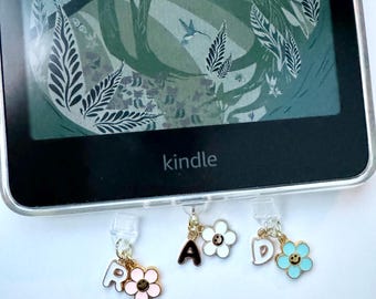Flower and initial charm | dust plug | usb-c dust cover charm | phone charm | kindle accessories | personalalized