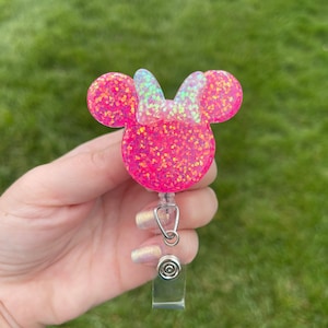 Hot Pink Glitter Minnie Mouse Inspired Badge Reel