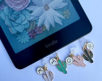 Cactus and initial kindle charm | dust plug | usb-c dust cover charm | phone charm | kindle accessories | personalized