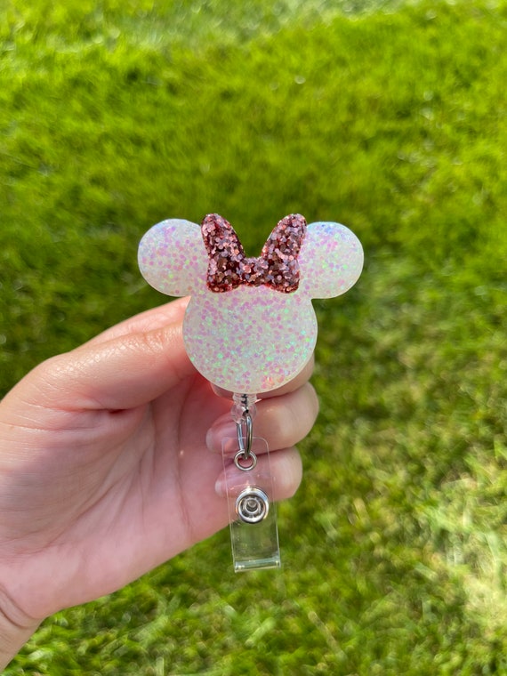 White and Rosegold Minnie Inspired Badge Reel Disney Badge Holder