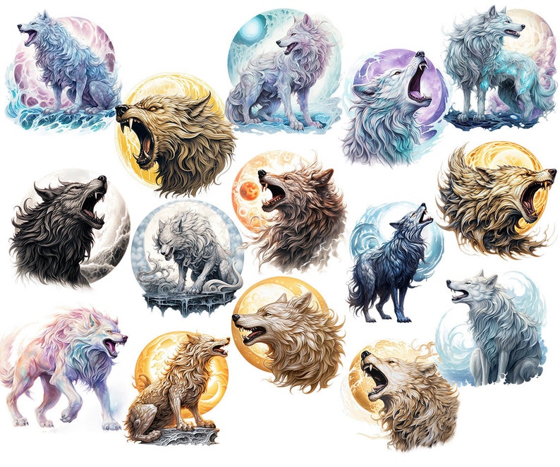 Mythical Wolf Watercolor PNG Set, Majestic Wolf Clipart Bundle, Howling ...