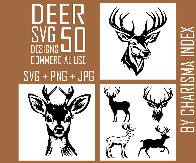 May include: A set of 50 black and white deer SVG designs for commercial use. The designs include a variety of deer poses, including a deer head, a deer standing, and a deer running. The designs are perfect for creating t-shirts, mugs, stickers, and other crafts.