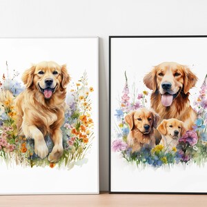 May include: Two framed watercolor prints featuring Golden Retrievers. One shows a single dog in a field of colorful flowers. The other depicts a family of dogs amidst similar floral arrangements. The artwork has a soft, painterly style.