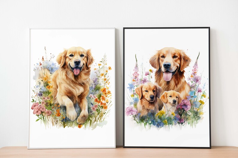 May include: Two framed watercolor prints featuring Golden Retrievers. One shows a single dog in a field of colorful flowers. The other depicts a family of dogs amidst similar floral arrangements. The artwork has a soft, painterly style.