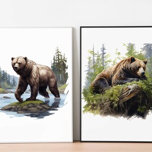 May include: Two watercolor paintings of brown bears in a forest setting. The first painting shows a bear standing in a river, while the second painting shows a bear lying down on a log.