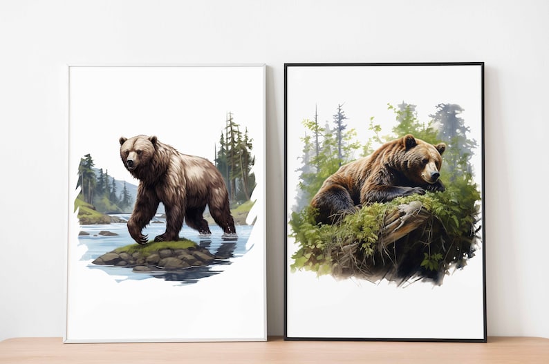 May include: Two watercolor paintings of brown bears in a forest setting. The first painting shows a bear standing in a river, while the second painting shows a bear lying down on a log.