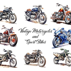 Puede incluir: Una colecci&oacute;n de motocicletas vintage y motos de deporte, incluyendo una motocicleta azul y cromada, una motocicleta roja y cromada, una moto deportiva azul, una moto de cross verde y dos motocicletas marrones y cromadas. La imagen est&aacute; titulada "Motocicletas vintage y motos de deporte".