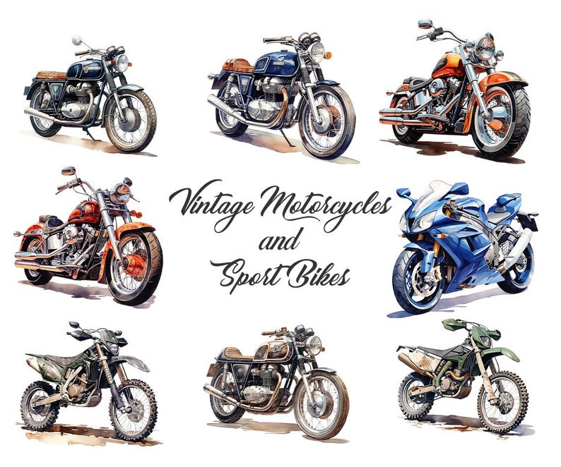 Puede incluir: Una colecci&oacute;n de motocicletas vintage y motos de deporte, incluyendo una motocicleta azul y cromada, una motocicleta roja y cromada, una moto deportiva azul, una moto de cross verde y dos motocicletas marrones y cromadas. La imagen est&aacute; titulada "Motocicletas vintage y motos de deporte".