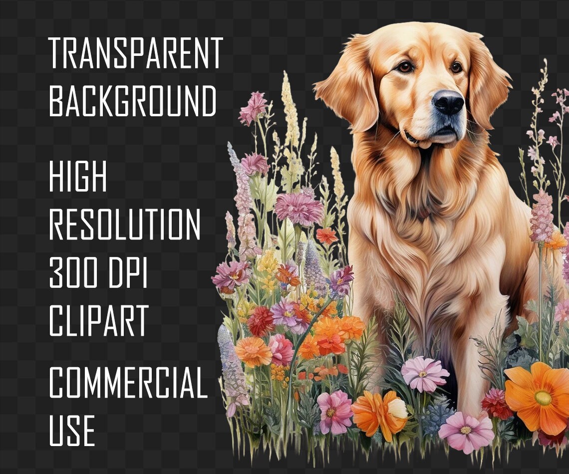 Floral Golden Retriever PNG Clipart Bundle - 50 Watercolor Golden ...