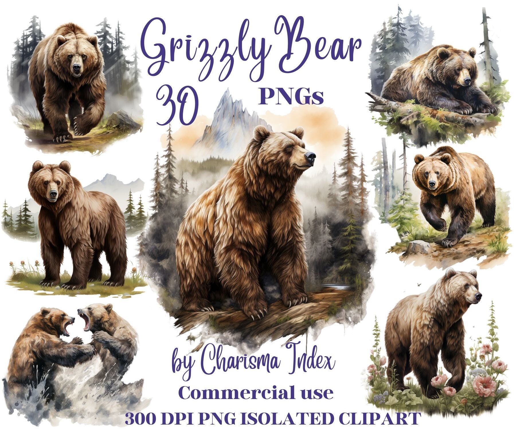 Watercolor Grizzly Bear PNG, Bear Clipart Bundle, Bear Sublimation ...
