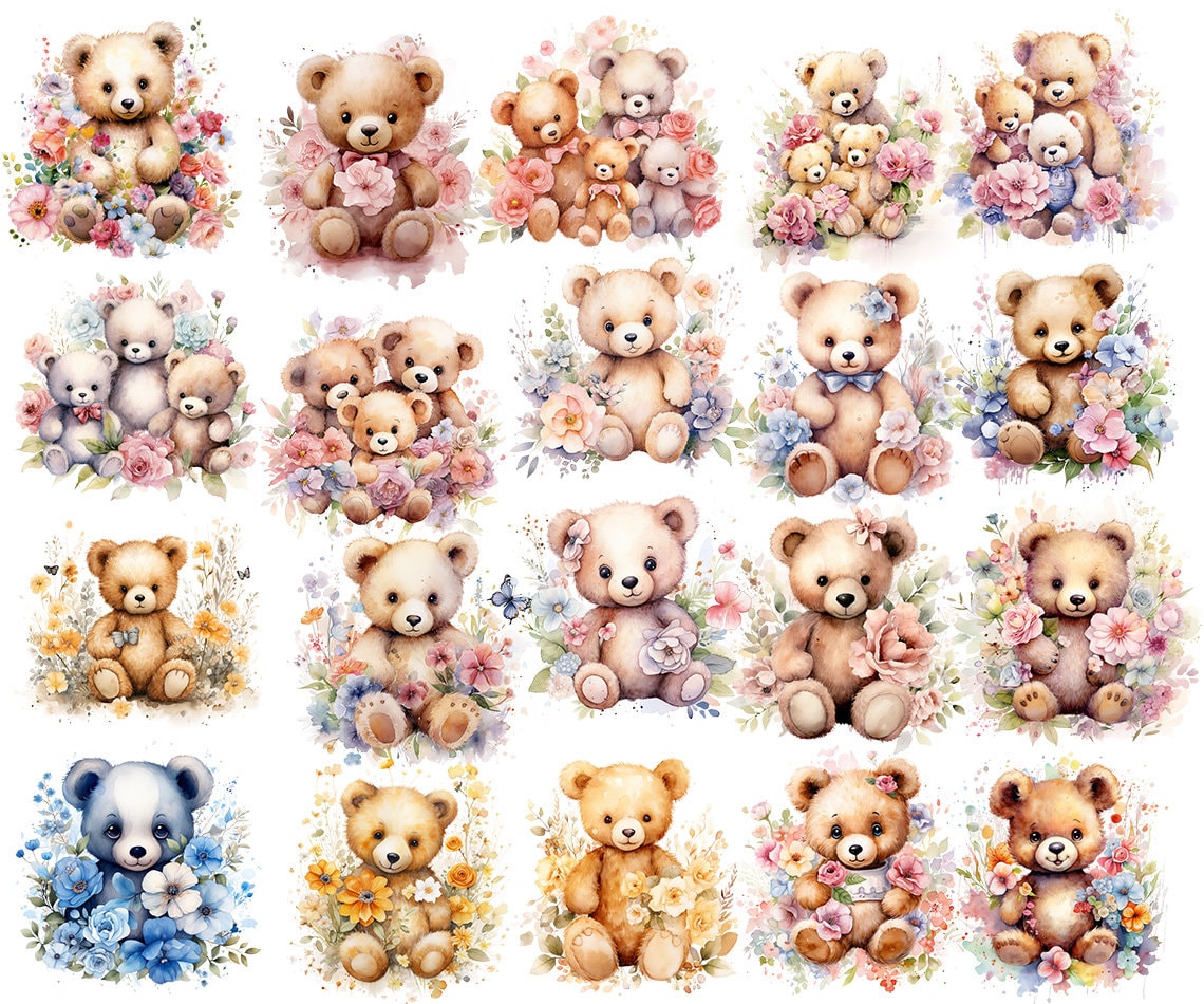 Floral Teddy Bear PNG Clipart Bundle 90 Watercolor Teddy Bear With ...