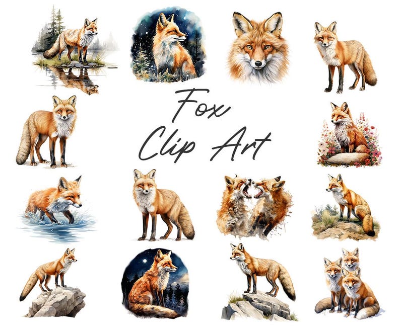 May include: A collection of watercolor fox clip art illustrations. The images feature foxes in various poses and settings, including standing, sitting, and in natural environments. The text "Fox Clip Art" is written in cursive.