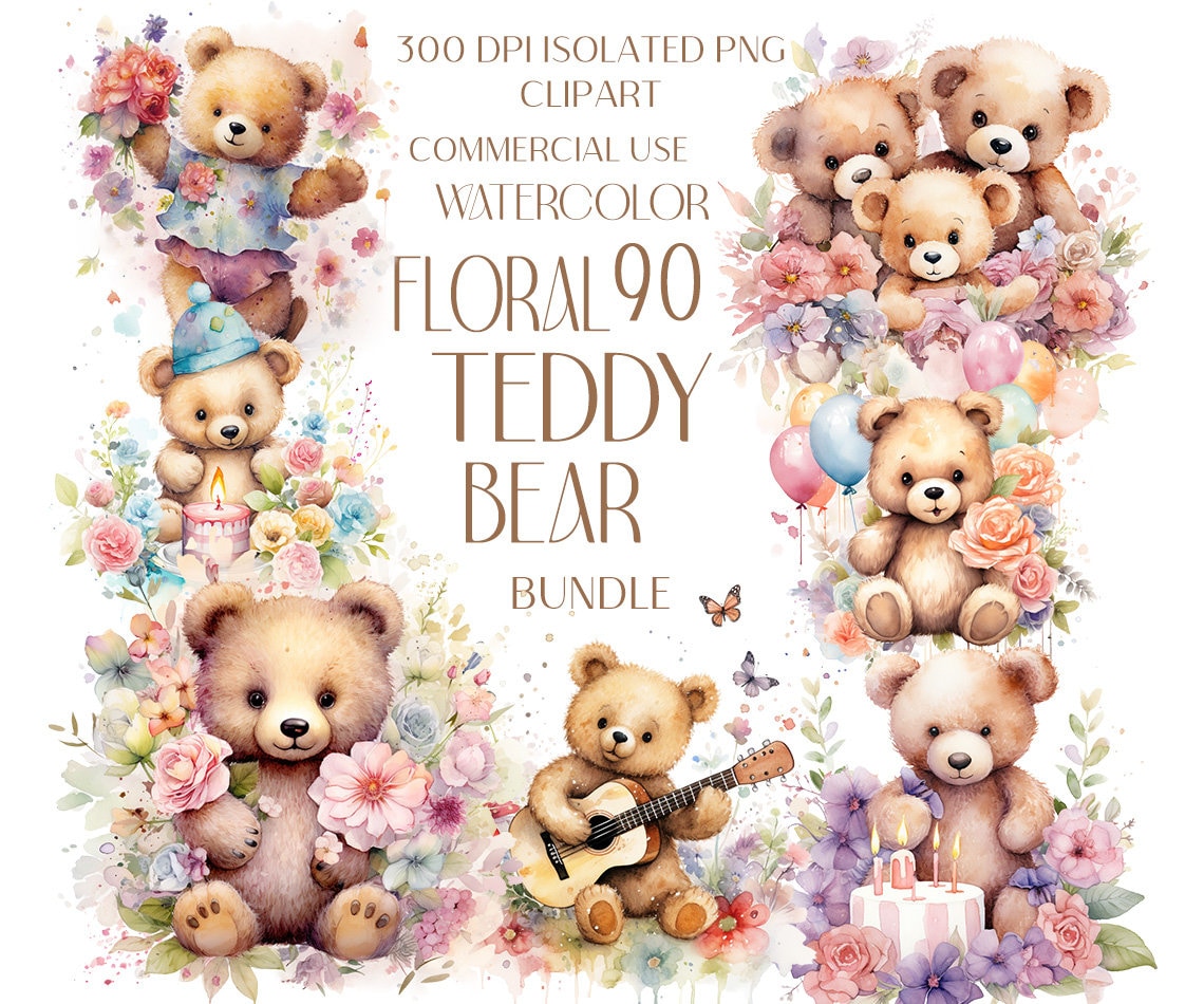 Floral Teddy Bear PNG Clipart Bundle 90 Watercolor Teddy Bear With ...