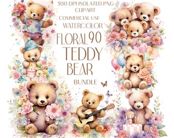 Floral Teddy Bear PNG Clipart Bundle - 90 Watercolor teddy bear with Flowers - Cute dancing teddy bear birthday event - Commercial Use