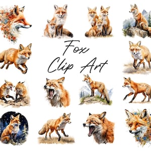 May include: A collection of watercolor fox clip art images. The foxes are depicted in various poses, including running, sitting, and yawning. The artwork features vibrant orange, brown, and white colors, with some images incorporating floral and mountain elements.