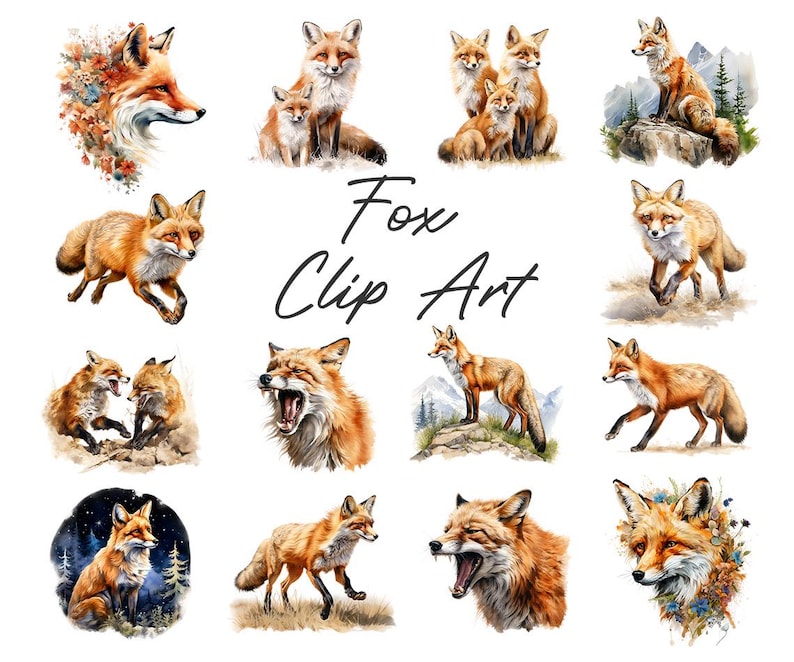 May include: A collection of watercolor fox clip art images. The foxes are depicted in various poses, including running, sitting, and yawning. The artwork features vibrant orange, brown, and white colors, with some images incorporating floral and mountain elements.