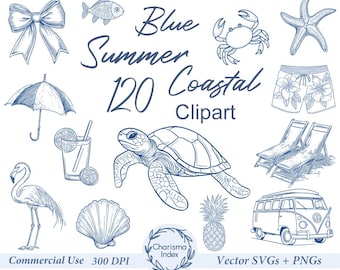 Zomer kust blauwe clipart 120 vector SVG-bundel, strand oceaan svg-bestanden knippen, zomerleven png, digitale download, commercieel gebruik
