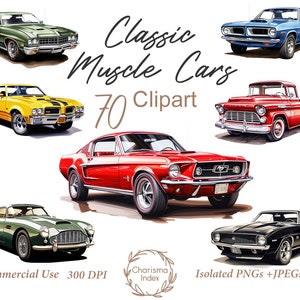 Aquarell-Muscle-Cars 70 PNG, klassische Fahrzeuge Clipart Bundle, Retro-Auto-Sublimation-Designs, Vintage-Auto digitaler Download, kommerzielle Nutzung
