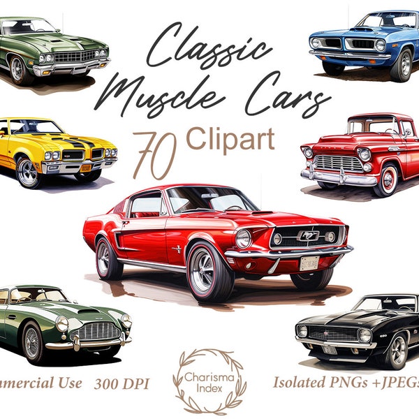 Watercolor Muscle Cars 70 PNG, Classic Vehicles Clipart Bundle, Retro Car Sublimation Designs, Vintage Car Digital Download, Commercial use