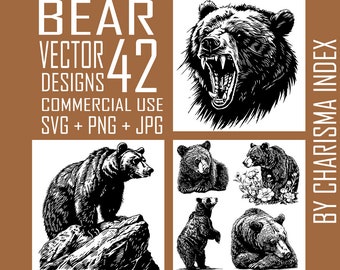 Bear Pack SVG Clipart Bundle, 42 Bear set Vector Clip Art, Vintage bear Vector and Raster Files, Retro PNG Bear, Retro Woodland Bear SVGs