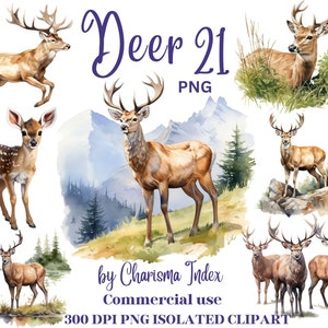 May include: A digital download of 21 watercolour illustrations of deer in various poses. The illustrations are high-resolution and perfect for crafting, scrapbooking, and other creative projects. Deer 21 PNG by Charisma Index. Commercial use. 300 DPI PNG Isolated Clipart.