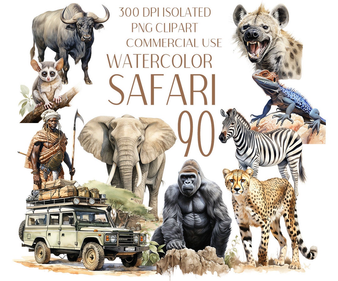 Safari Animal Clip Art Bundle - 90 African Wildlife Watercolor Pngs ...