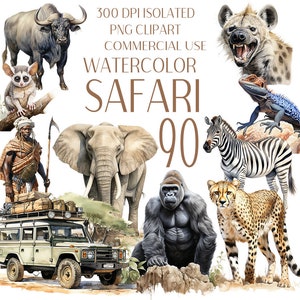 Safari Animal Clip Art Bundle - 90 PNGs de acuarela de vida silvestre africana - Imágenes prediseñadas de Safari de acuarela, leones, rinocerontes, gorilas - Uso comercial