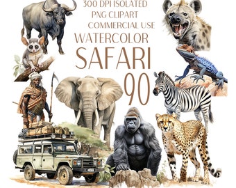 Safari Animal Clip Art Bundle - 90 African Wildlife Watercolor PNGs - Watercolor Safari clipart, Lions, Rhinos, Gorillas - Commercial Use
