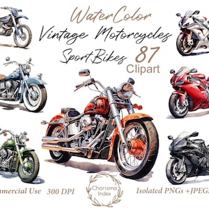May include: Watercolor illustrations of 87 vintage motorcycles and sport bikes. The illustrations are in a variety of colors and styles, and they are all isolated on a white background. The text "Water Color Vintage Motorcycles Sport Bikes 87 Clipart" is written in brown at the top of the image. The text "Commercial Use 300 DPI" is written in brown at the bottom left of the image. The text "Charisma Index" is written in brown in a circle at the bottom center of the image. The text "Isolated PNGs +JPEGS" is written in brown at the bottom right of the image.