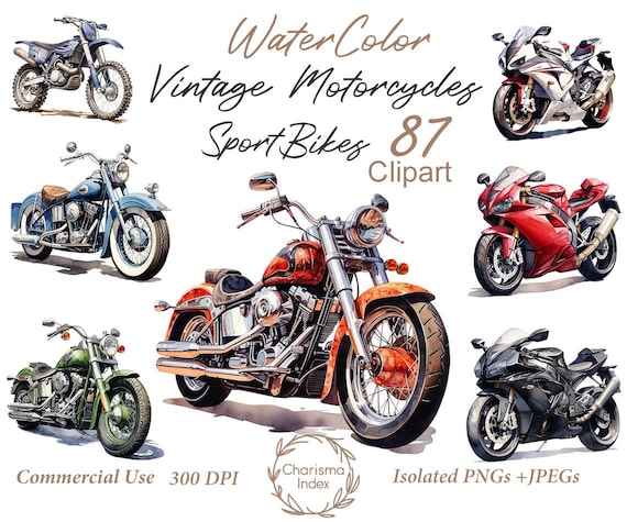 Vintage Motorcycle Clipart Bundle, 87 Watercolor Racing Bikes PNG, Sublimation Designs, Digital Download Commercial Use