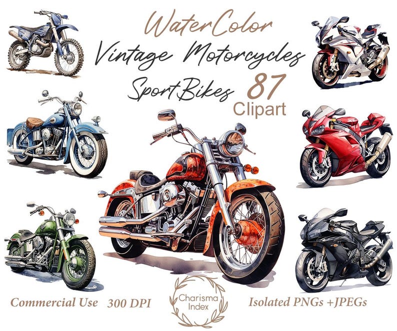 Puede incluir: Ilustraciones de acuarela de 87 motocicletas y bicicletas deportivas vintage. Las ilustraciones son de varios colores y estilos, y todas est&aacute;n aisladas sobre un fondo blanco. El texto "Water Color Vintage Motorcycles Sport Bikes 87 Clipart" est&aacute; escrito en marr&oacute;n en la parte superior de la imagen. El texto "Commercial Use 300 DPI" est&aacute; escrito en marr&oacute;n en la parte inferior izquierda de la imagen. El texto "Charisma Index" est&aacute; escrito en marr&oacute;n en un c&iacute;rculo en la parte inferior central de la imagen. El texto "Isolated PNGs +JPEGS" est&aacute; escrito en marr&oacute;n en la parte inferior derecha de la imagen.