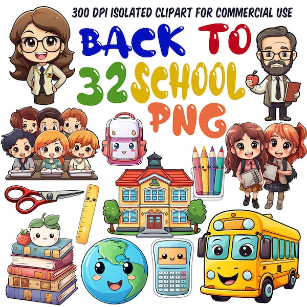 School Clipart PNG Bundle, Cute School Supplies Clipart Set, School Student art, Back to School Teacher clipart, School Sublimation designs