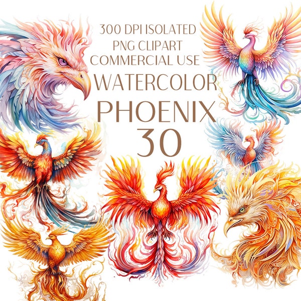 Magical Phoenix watercolor PNG set, Mythical Phoenix 30 Clipart Bundle, Phoenix sublimation designs, phoenix art collection, Commercial Use