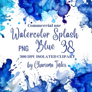Puede incluir: Salpicaduras de acuarela azul sobre un fondo blanco. El texto "Commercial use Watercolor Splash Blue 38 PNG 300 DPI ISOLATED CLIPART by Charisma Index" está escrito en azul.
