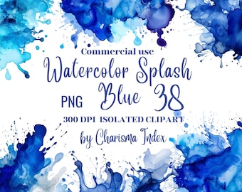Blue Watercolor Splashes PNGs - 38 Alcohol Ink Blue Splatter Cliparts - Paint Background blue splashes - Transparent Commercial Use Graphics