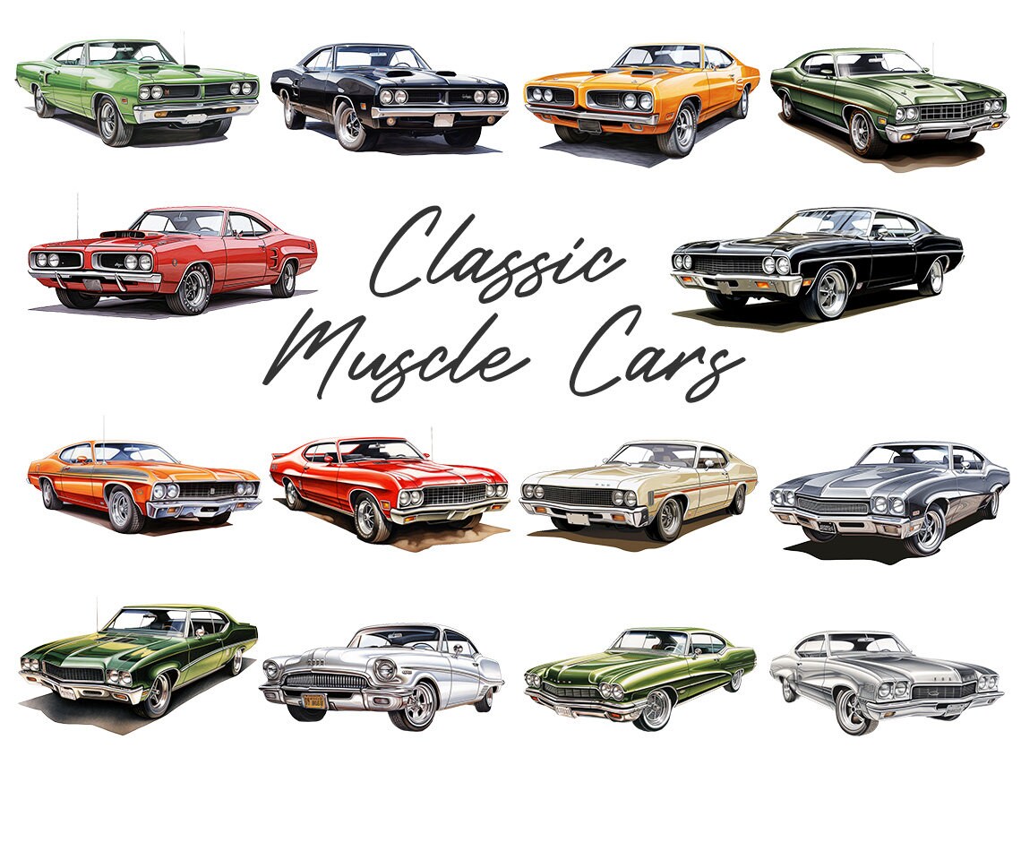Muscle Car Designs Watercolor Muscle Cars 70 PNG, Classic Vehicles Clipart Bundle, Retro ...