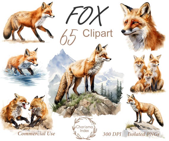 Watercolor Woodland Fox PNG, Fox Clipart Bundle, Autumn Fox Sublimation Designs, Woodland Fox Design Digital Download, Commercial use