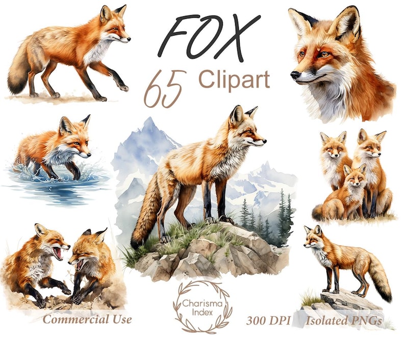 May include: A collection of watercolor fox illustrations in various poses. The foxes are depicted in shades of orange, brown, and white, with some set against mountain and water backgrounds. The text "FOX 65 Clipart" is displayed.