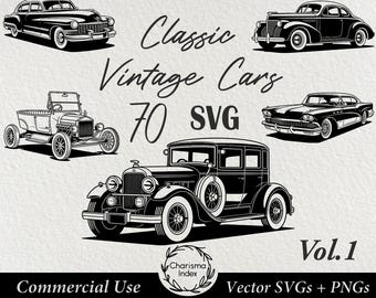 May include: Black and white illustrations of classic vintage cars, including sedans, a pickup truck, and a coupe. The image includes the text "Classic Vintage Cars 70 SVG Vol. 1" and "Commercial Use Vector SVGs + PNGs."
