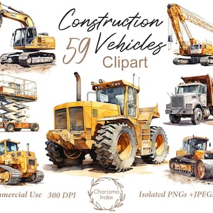 Puede incluir: Un conjunto de 59 ilustraciones de acuarela de vehículos de construcción. Las ilustraciones incluyen una grúa, una excavadora, un camión volquete, una retroexcavadora y más. Las ilustraciones son perfectas para usar en scrapbooking digital, creación de tarjetas y otros proyectos de manualidades.