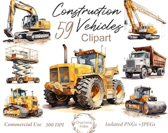 Watercolor Construction Vehicles Clipart - 59 PNG Truck Bundle - Sublimation Designs - Digital Download Commercial Use