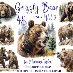 May include: A digital download of 48 watercolor illustrations of grizzly bears in various poses. The bears are brown and have a realistic appearance. The illustrations are high-resolution and perfect for use in digital and print projects.