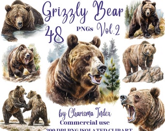 Watercolor Grizzly Bear Clipart Bundle - 48 Grizzly Bear PNG Illustrations, Wild life Designs Transparent Background, Commercial Use, Vol.2