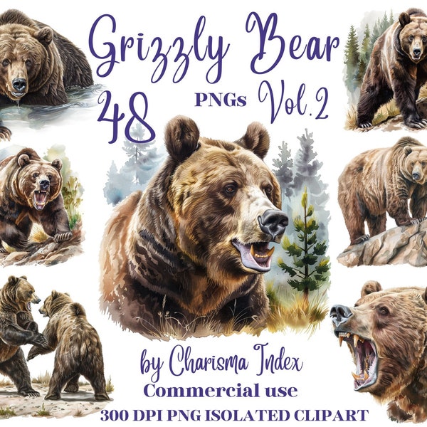 Watercolor Grizzly Bear Clipart Bundle - 48 Grizzly Bear PNG Illustrations, Wild life Designs Transparent Background, Commercial Use, Vol.2