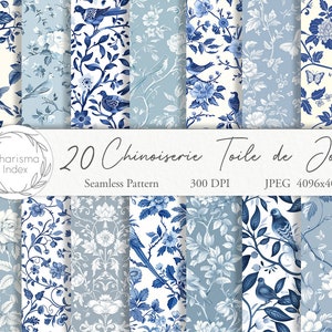 Papéis digitais Chinoiserie Toile de Jouy, padrões florais vintage sem costura, fundos azuis e brancos, clipart para tecido, POD, 20 JPEGs