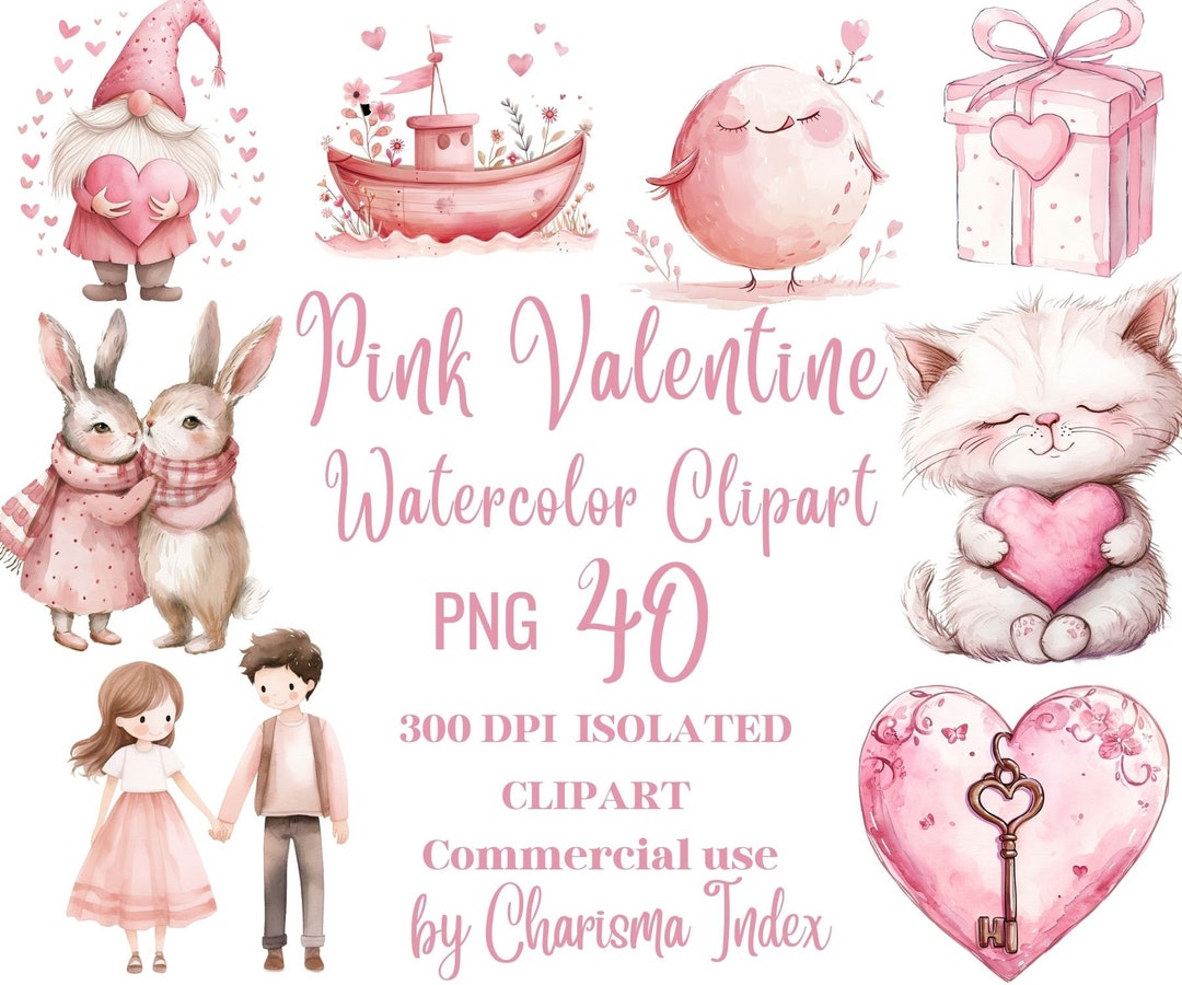 Pink Valentine Watercolor Clipart – 40 Watercolor Pink Valentines Day ...