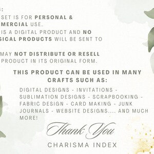 May include: Digital product information sheet with watercolor leaves and gold accents. Text includes usage notes, digital product details, and craft applications such as digital designs, invitations, and scrapbooking.