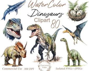 水彩恐竜 PNG、80 種類の恐竜クリップアート バンドル、恐竜昇華デザイン、恐竜クリップアート デザイン デジタル ダウンロード、商用利用