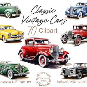 70 imágenes PNG de coches clásicos en acuarela, paquete de imágenes prediseñadas de vehículos clásicos, diseños de sublimación de coches retro, descarga digital de coches hot rod, uso comercial