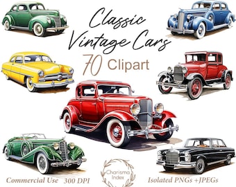70 imágenes PNG de coches clásicos en acuarela, paquete de imágenes prediseñadas de vehículos clásicos, diseños de sublimación de coches retro, descarga digital de coches hot rod, uso comercial